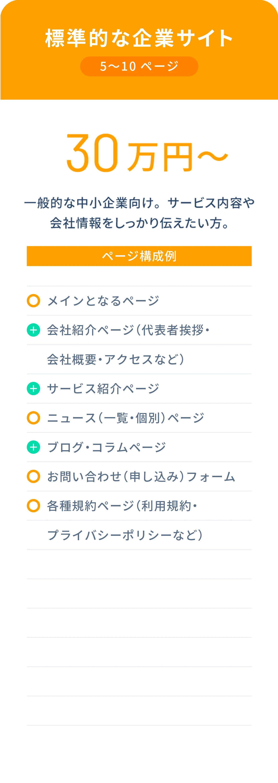 標準的な企業サイトプラン 5〜10ページ 30万円〜